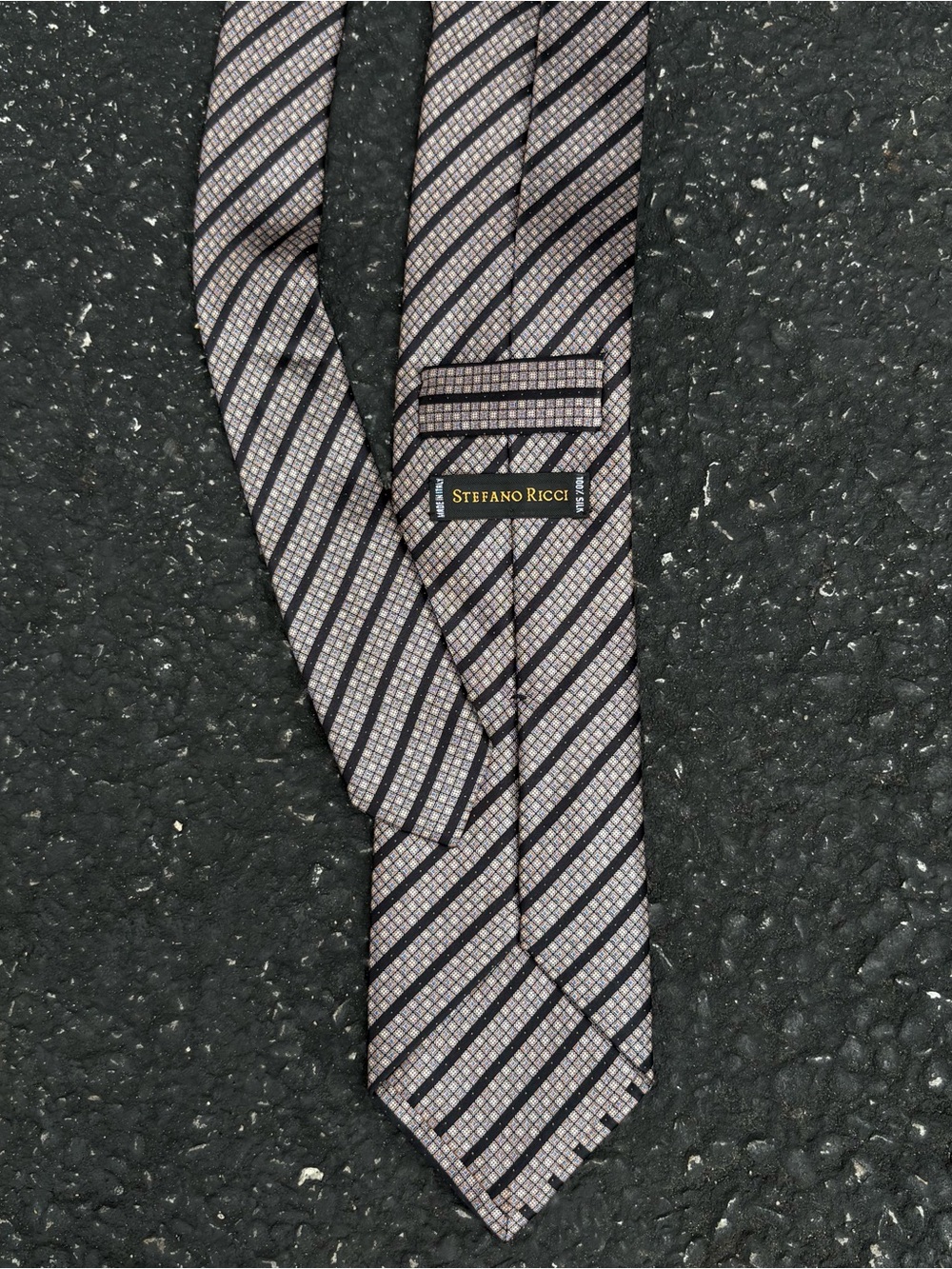 Stefano Ricci Men’s 100% Silk Tie Black Tan Geometric Stripe Made in Italy